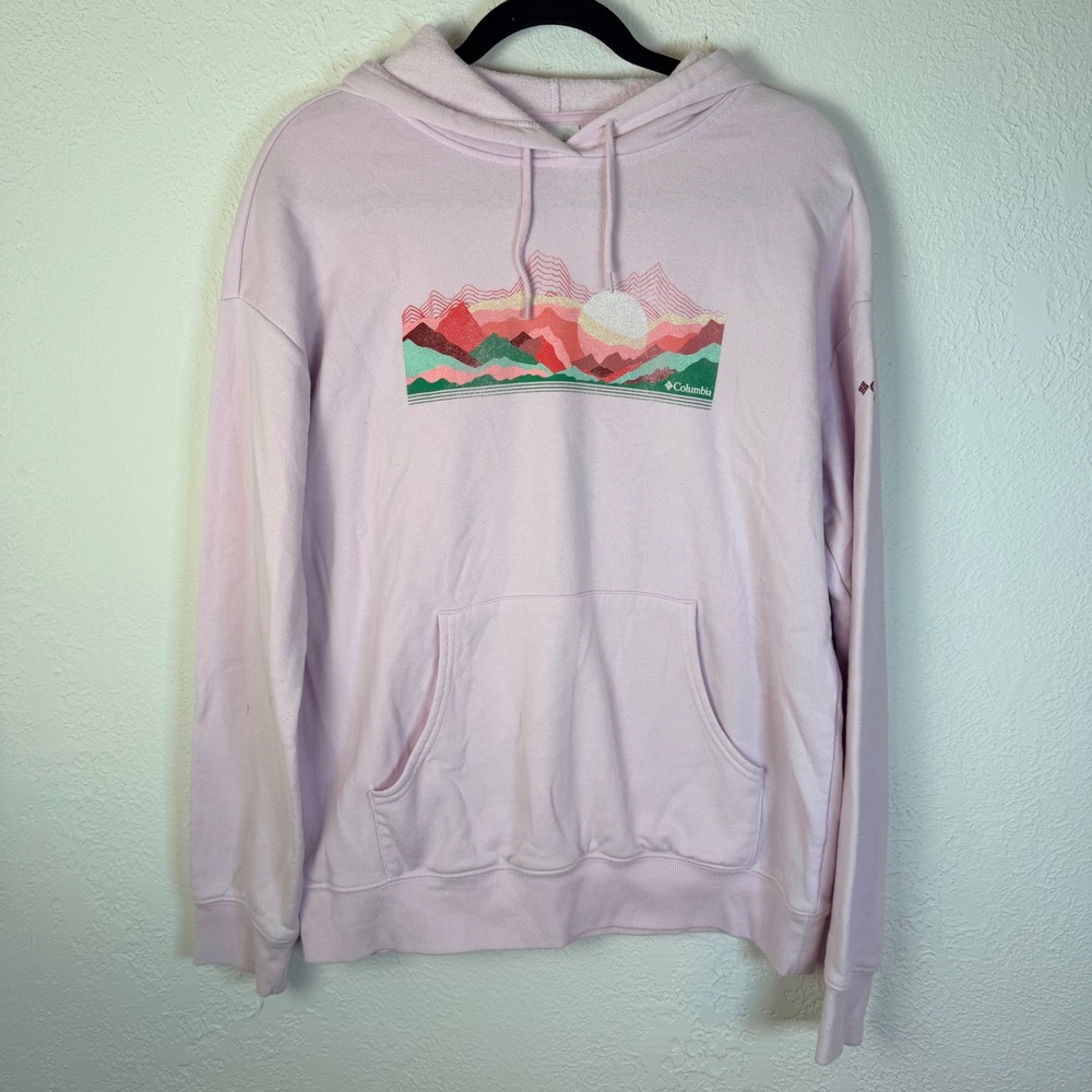 Columbia Womens M Pink Mountain Graphic Pullover Hoodie Sweatshirt Gorpcore